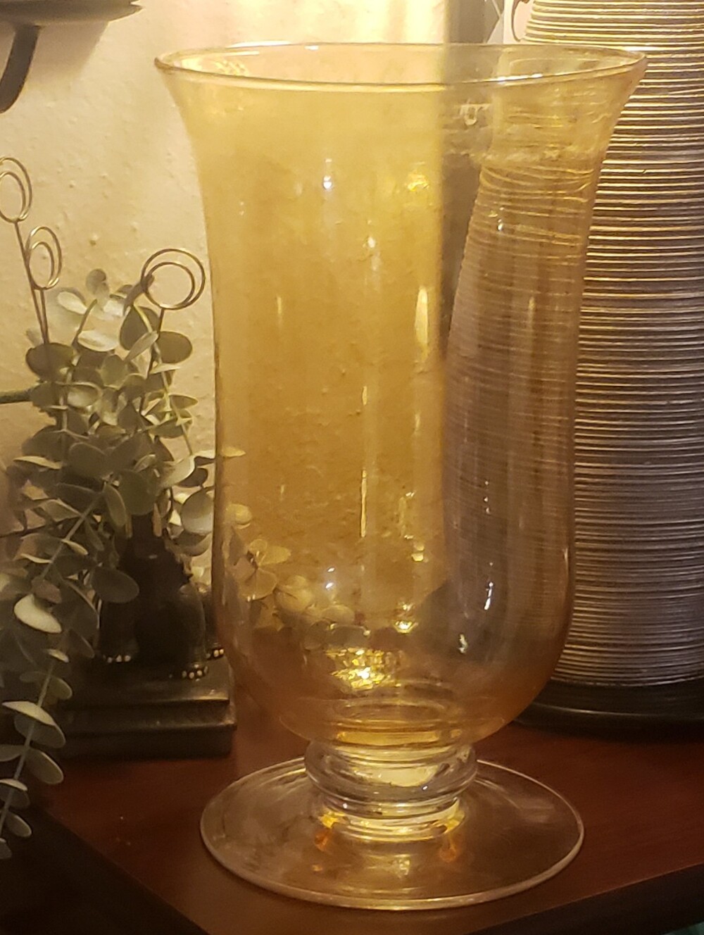 Lovely Amber Fine Glass Hurricane Shade/Vase w/Reflective Gold Iridescent Finish